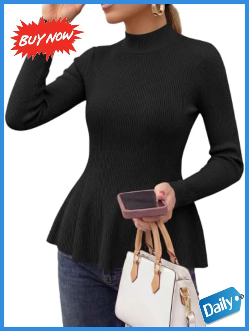 PRETTYGARDEN Mock Neck Long Sleeve Peplum Sweater Ribbed Knit Ruffle Hem
